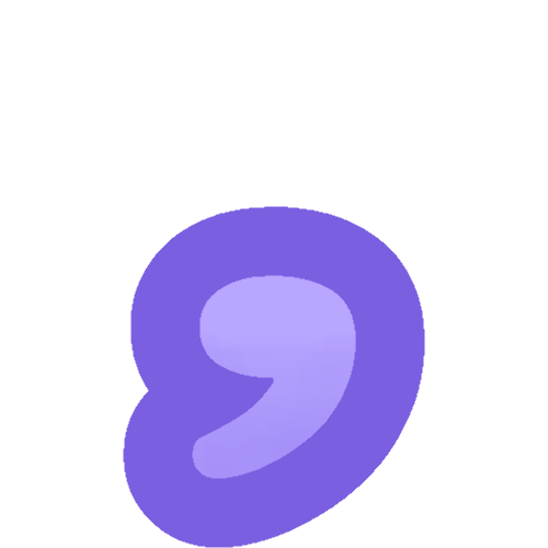 An emote of a purple comma in a cartoony font.
